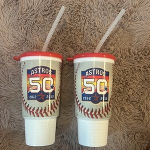 Set of 2 Houston Astros baseball large drink cup w/ top straw cup holder fit MLB